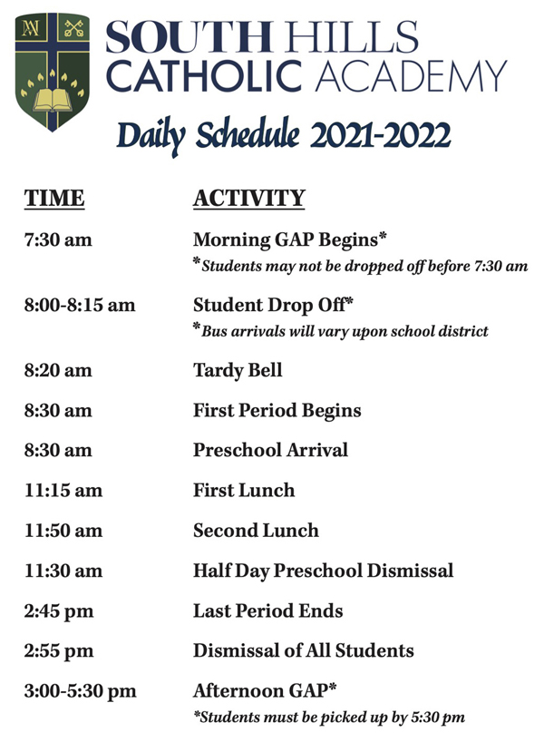 Calendar, Schedule, & Menus South Hills Catholic Academy